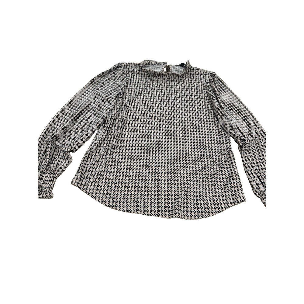 Adrianna Papell M Black Beige Houndstooth Mock Neck Long Sleeve Blouse Keyhole